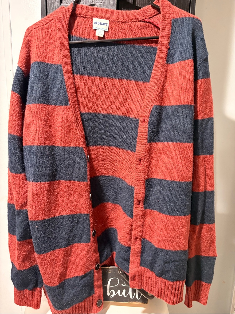 Old Navy Red and Navy Striped Women's Cardigan